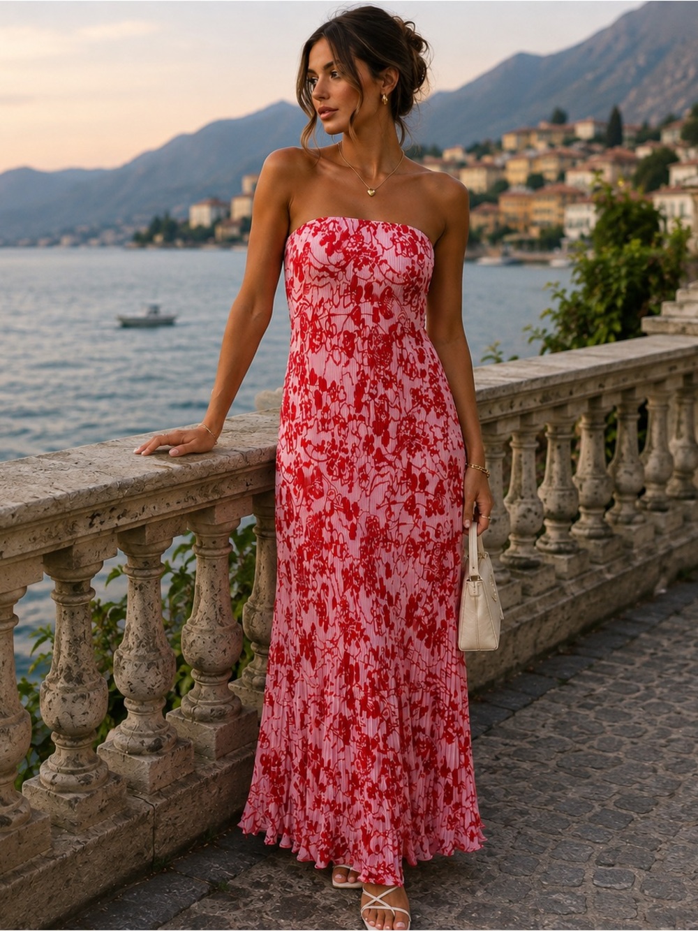 Abercrombie & Fitch Pink Red Floral Pleated Strapless Maxi Dress M Tall